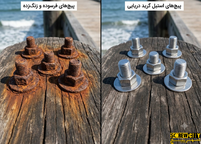 مقایسه پیچ زنگ‌زده معمولی با پیچ مقاوم در برابر خوردگی دریایی